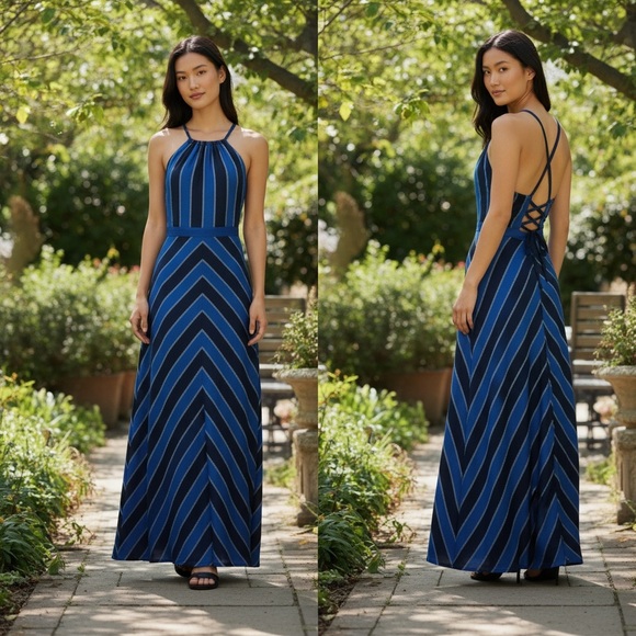 Guess Dresses & Skirts - Guess LA Chevron Stripe Halter Maxi Dress Blue/Black Satin Nautical Lined 6